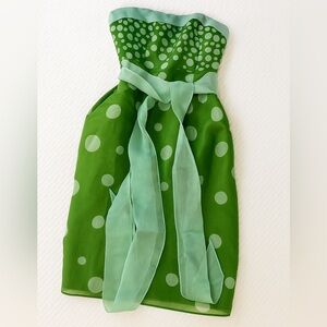 NWT Kay Unger Polka Dot Strapless Dress - Green and Blue 100% silk dress